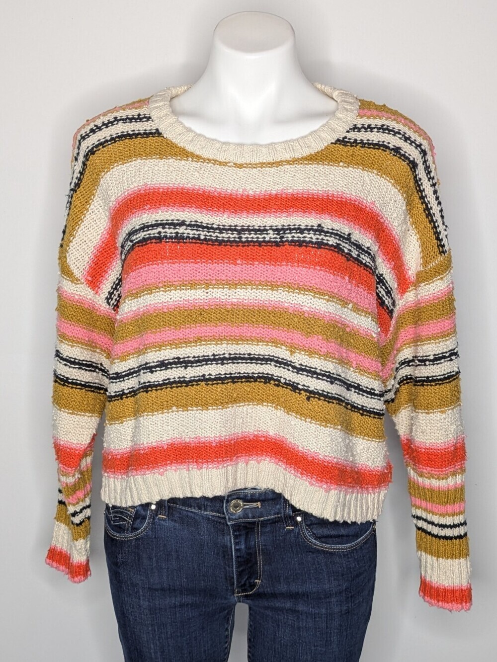 Billabong Cream Yellow Striped Crew Neck Sweater M